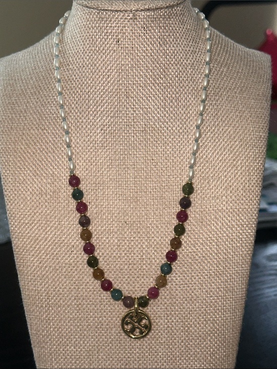 Tory Burch Jewelry - Tory Burch Multicolor Beaded Necklace with Gold Logo Pendant